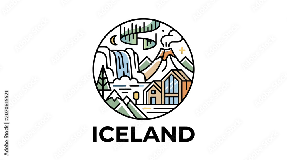 Fototapeta premium Minimalist Illustration of Iceland's Unique Natural Landscape with Waterfalls Volcanoes and Greenery