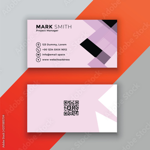 Business card template with QR code on pink and gray background