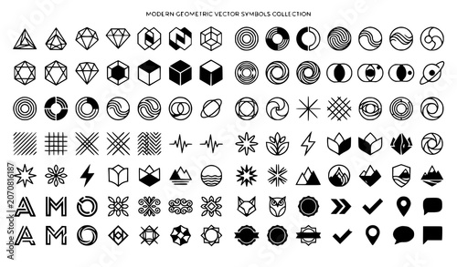 Geometric shapes and symbols set black and white abstract vector icons