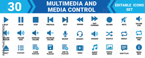 Obraz na plátně Set of 30 multimedia and media control icons for video and audio player interfac