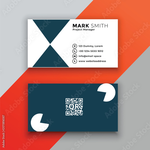 Business card template with QR code on gray and orange background