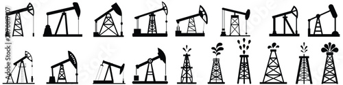 Collection of oil pump jack and drilling tower silhouettes for energy industry use