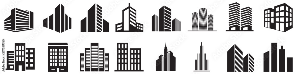 Fototapeta premium Black and white cityscape building icons set