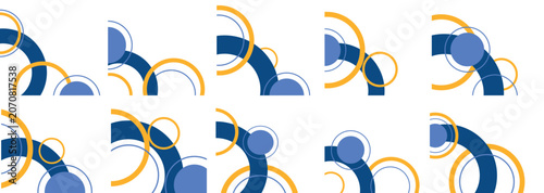 Set of abstract geometric corner elements with blue and yellow overlapping circles for presentation and certificate design