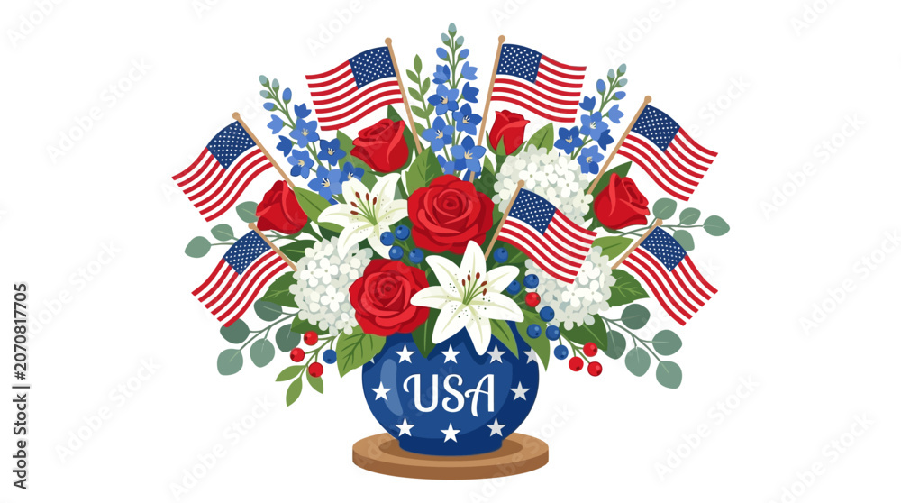 Obraz premium Patriotic bouquet, USA flowers, American flag arrangement, red white blue floral