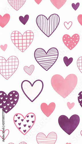 Seamless pattern of hand-drawn hearts in pink and purple hues
