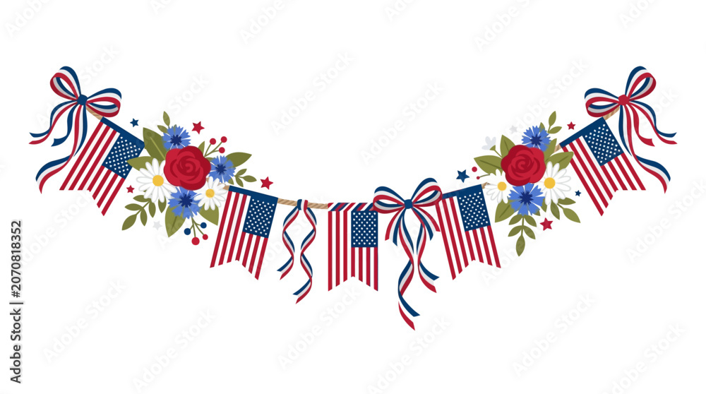 Obraz premium Patriotic garland, American flag banners, floral decorations, Independence Day decor