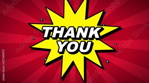 Thank you comic book style pop animation with red sunburst background, pop comic book