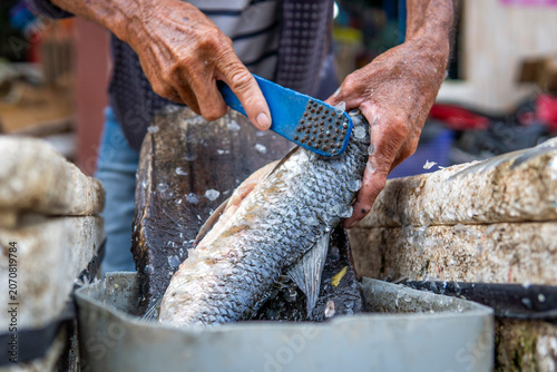 Konstfotografi Close-up of a man's hands working hard while scaling and cleaning a fresh fish in a traditional market in Colombia
