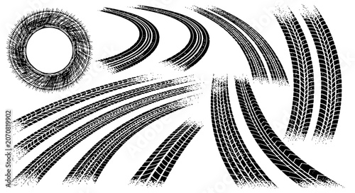Tire tread marks after skidding, launch, drift, powerslide in motorsport, rally, off-road, motocross. Wheel texture with splash effect. Vector, JPEG version.