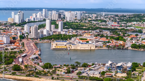 Photography Aerial photograph of the Convention Center in Cartagena de Indias, Colombia, next to the Bahia de las Animas and the modern buildings of Bocagrande