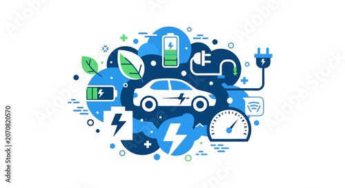 Modern Electric Vehicle Concept Illustration with Battery Life Icons and Green Energy Symbols for Sustainable Automotive Technology and Clean Transport