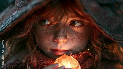 Europe medieval lifestyle. A closeup portrait of a young girl with striking green eyes and freckles. She wears a rustic, weathered hat and a textured scarf. The girl holds a glowing orb in her hand.