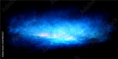 Foto Blue ethereal mist with light rays emerging from within the dark background, abstract, mystical, and atmospheric with glowing light