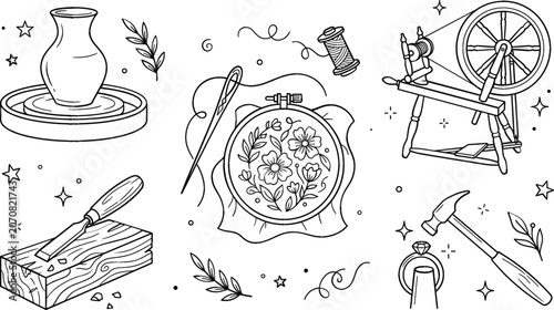 Cuadro en lienzo Traditional crafts and handmade hobbies line art vector icon set with embroidery
