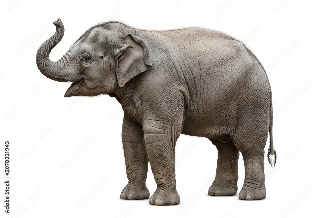 Fototapeta premium Young Asian Elephant Calf Standing with Raised Trunk Isolated on White Background for Wildlife and Nature Concepts