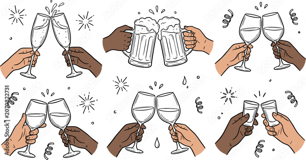 Obraz premium Hand drawn vector illustration set of diverse hands clinking glasses of champagne, beer, wine, and shots celebrating a festive holiday party event.