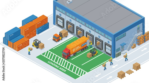 Tableau sur toile Workers unload cargo from a truck at an industrial warehouse loading dock facili