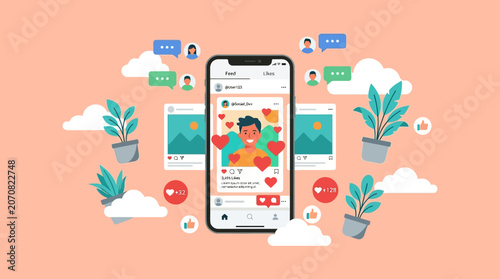 Foto A person interacts with a mobile phone surrounded by social media icons, plants, and clouds in a digital illustration