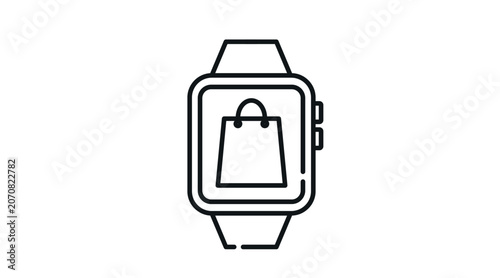 Smartwatch online retail icon: wearable smart watch displaying shopping paper bag on screen, minimalist black line art vector illustration for E-commerce.