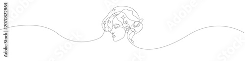 Dreamy woman portrait mixed with celestial elements in a continuous line art technique, presenting an unbroken linear silhouette of a beautiful girl with stars and planets in her wavy hair.