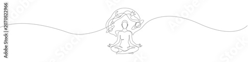 Zen yoga meditation pose created with a single line illustration technique, showcasing a minimalist outline profile of a calm person with cosmic planets and star tracks floating over their head.