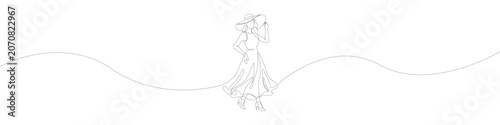 Elegant woman walking in a summer dress with a wide sun hat, depicted through a minimalist continuous line art style showcasing a fine hand-drawn look and smooth flowing lines on a plain background.
