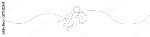 Cute floating astronaut single stroke drawing featuring a modern line illustration style, depicting an unbroken linear form of a little space explorer traveling across seamless cosmic fields.