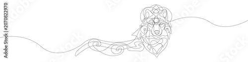 Stylized wolf head single line illustration crafted with elegant decorative swirls, featuring a smooth flowing line concept and clean contour silhouette for a modern geometric animal portrait.