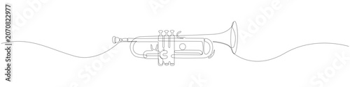 Jazz trumpet musical instrument outline only drawing, featuring a single continuous stroke style with clean contours and smooth flowing lines for a professional artistic linear music composition.