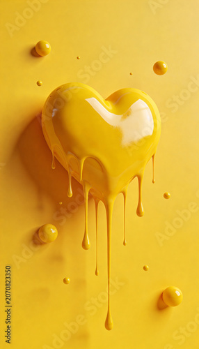 Melting yellow heart with dripping liquid and small spheres on a bright background