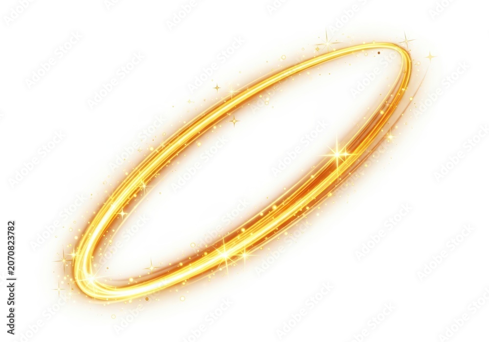 Fototapeta premium Golden Glowing Halo with Sparkling Light Trails and Magic Dust Particles Isolated on White Background