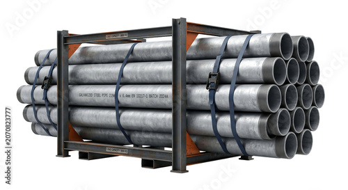 Fotografie Industrial metal pipes stacked in a transport rack on white background with indu