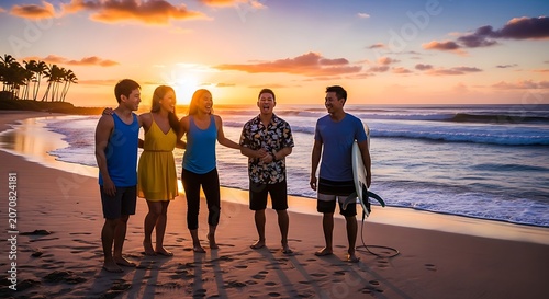 Friends laughing together on beach at sunset with surfboard