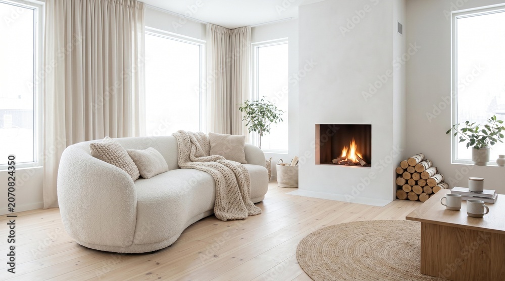 Fototapeta premium Cozy living room interior with fireplace and sofa, Scandinavian Hygge style