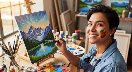 Woman painting landscape on canvas with colorful brushes