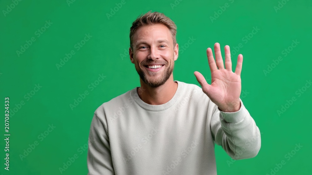 Fototapeta premium Smiling Man Waving Hello: A handsome man with a friendly smile and beard waves hello with an open palm against a vibrant green background, conveying warmth and approachability.