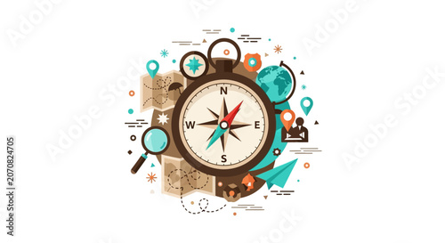 Adventure Travel and Navigation Vector Illustration with Compass Globe and Map Elements for Global Exploration Concepts