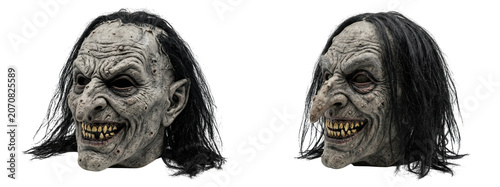 Creepy witch mask with long black hair isolated on transparent background