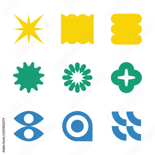 Trendy set of nine abstract geometric vector shapes brutalist graphic elements isolated on a white background.