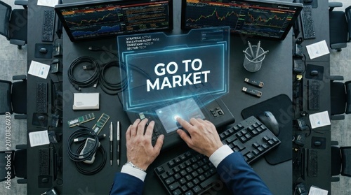 Businessman interacting with digital go to market holographic interface on desk, for strategic business growth, commercial expansion, corporate success in global trade