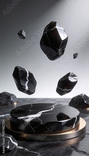 Floating obsidian stones with white veins on a marble pedestal