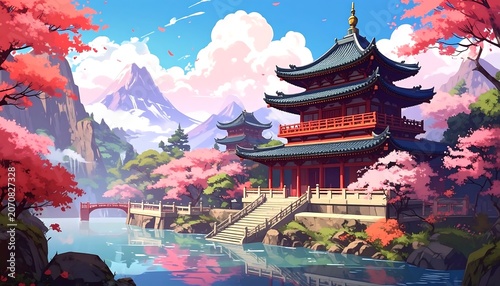 Asian Temple  Cherry Blossoms.