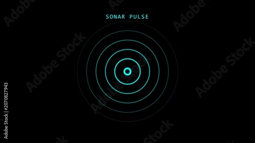 Digital sonar pulse radar animation, glowing blue concentric circles on black background, wave detection
