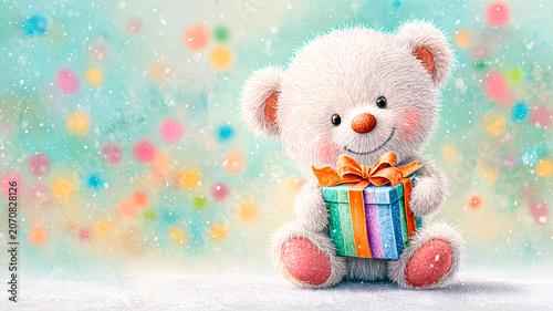 Cute fluffy teddy bear holding a gift box on a pastel festive background with colorful bokeh and snowflakes, greeting card concept.
