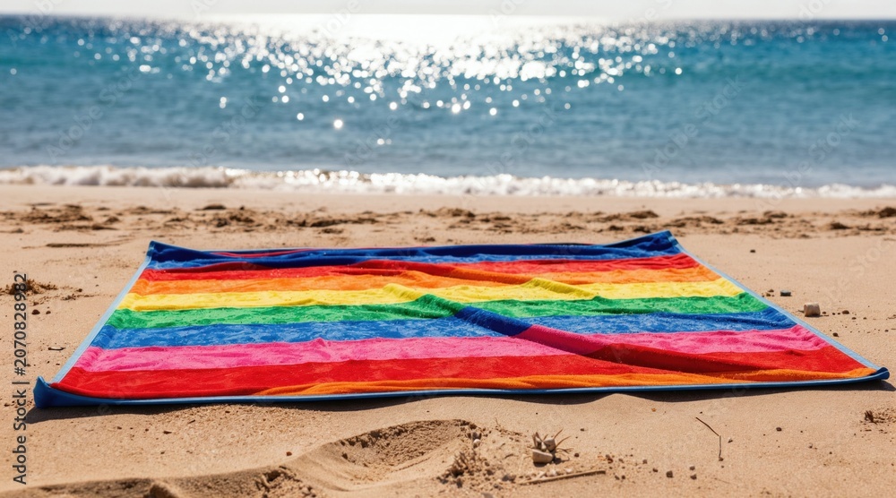Naklejka premium Colorful beach towel laid out on sand, ocean waves gentle in background. Sunlight sparkles on blue water. Peaceful tropical seaside scene inviting summer relaxation.