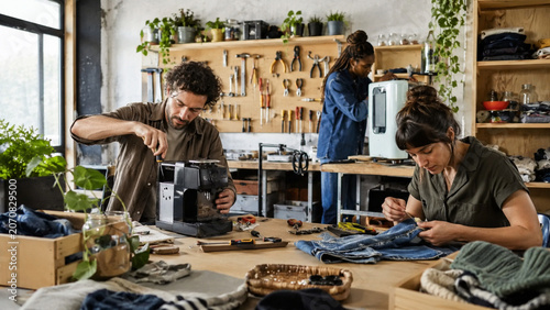 People repairing household items in circular economy workshop
