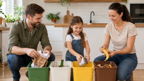 Family sorting recycling and compost waste at home