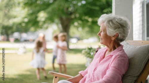 Elderly grandmother watching children play in sunny backyard porch scene for family background and caregiving banner design