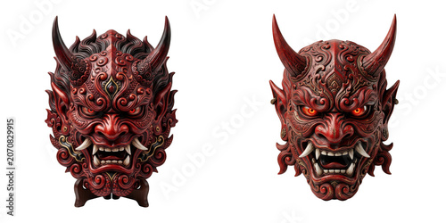 Two traditional japanese hannya demon masks with intricate red carvings and glowing eyes isolated on transparent background